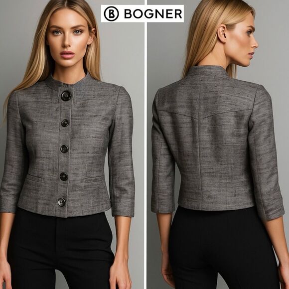 BOGNER Silk Tweed Boucle Blazer Jacket Gray Brown Cropped Bolero 3/4 Sleeve US 8 - Picture 1 of 16